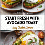 Avocado toast topped with a poached egg beside a cup of coffee on a light breakfast table.